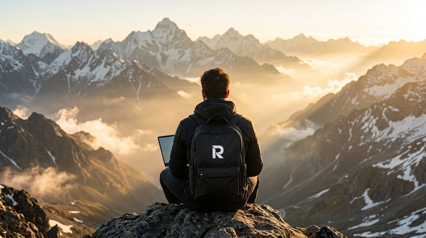 Hiker with R backpack overlooking Himalayan mountain sunrise